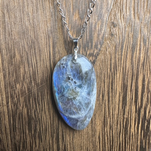 Labradorite Teardrop Pendant Necklace - Long Stainless Steel Chain - Blue Flash - Picture 5 of 13